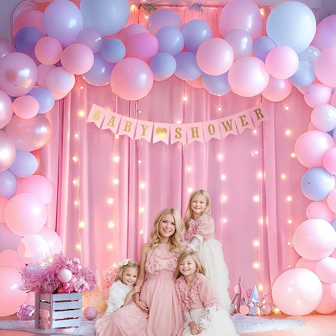 Pink Backdrop Curtain with Lights String for Parties,10x10FT Wrinkle Free Polyester Wedding Photo Backdrop Drapes for Baby Shower Birthday Ceremony Reception Home Party Decorations-5ft x 10ft,2 Panels