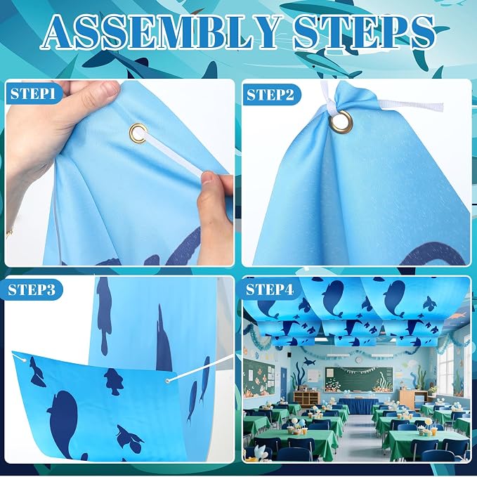VioraWhite 3 Pcs 24 Inch x 12 ft Under The Ocean Classroom Ceiling Decorations Summer Whale Birthday Party Decorations Shark Banners Sea Ceiling Covers for Preschool Kindergarden Daycare Classroom
