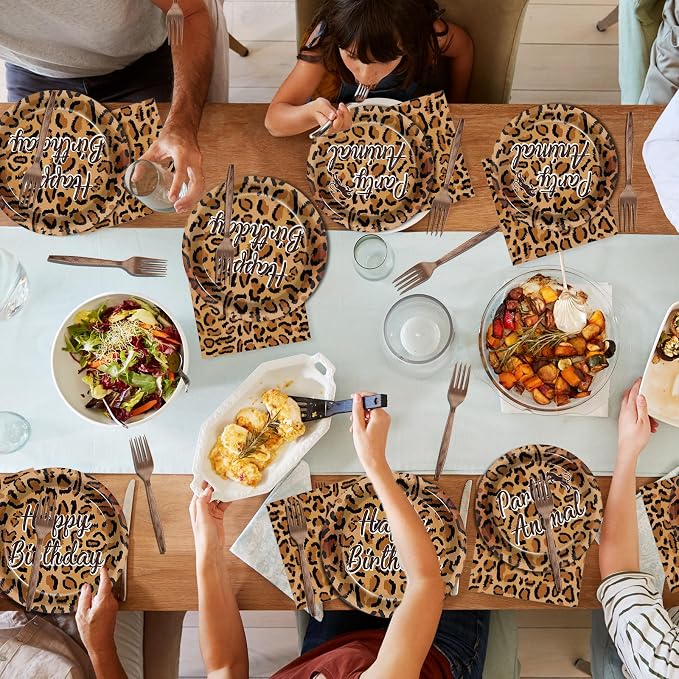 96Pcs Cheetah Print Party Decorations Brown Leopard Print Birthday Themed Tableware Safari Animal Plates Napkins Forks Jungle Leopard Dinnerware Supplies for Baby Shower Birthday Serves 24 Guests