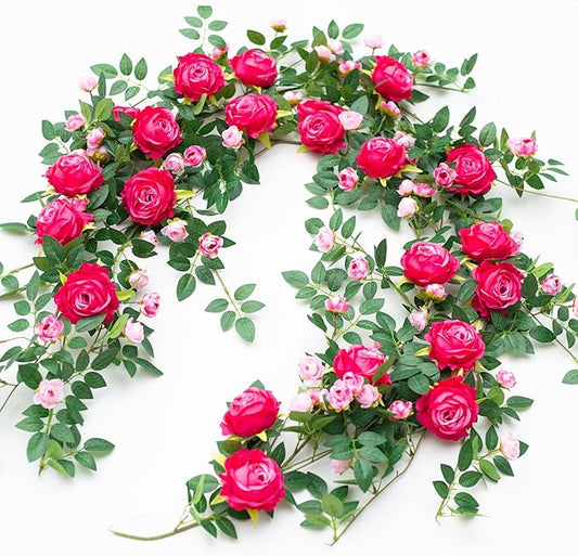 2 PCS 12FT Bendable Flower Garland, Artificial Rose Vine Hanging Floral Garland Decoration for Weding Home Room Wall Decor (Fushia, 2pcs)
