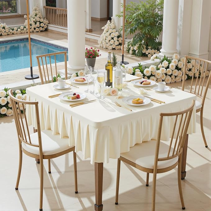 Wish Care 4 Pack Ivory Spandex Tablecloths for 34x34 Inch Square Tables, Stretch Fitted Table Clothes with Pleated Ruffle Skirt for 34” Table, Wrinkle Free and Elastic, for Party Kitchen Home Dining