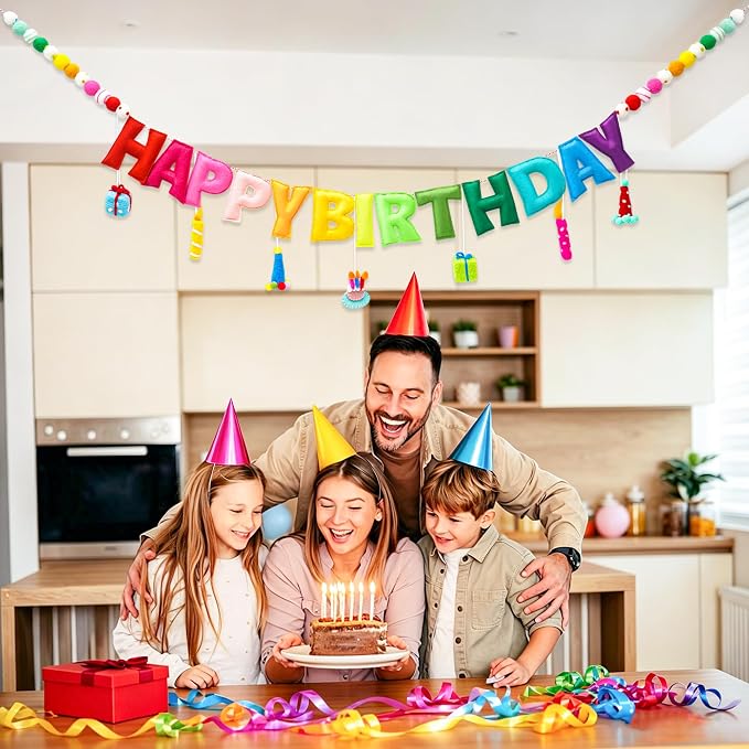 Happy Birthday Banner, Handmade Wool Felt Birthday Banner with Cute Charms, Reusable Rainbow Birthday Decorations for Kids, Colorful Birthday Garland for 1st Birthday, Baby Shower,Party Photo Backdrop