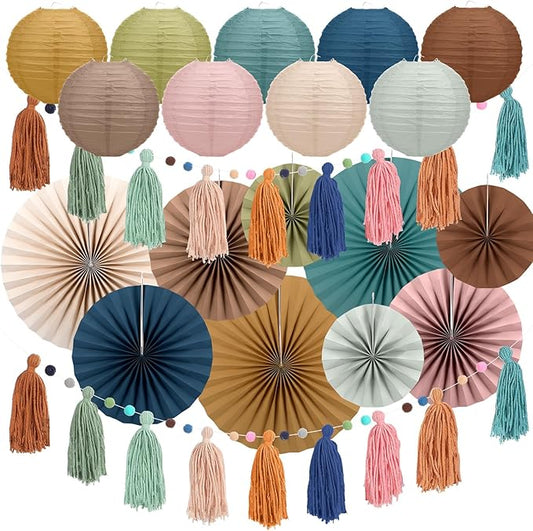 Feifeiya Boho Party Decoration 20 Pcs Hanging Paper Fans Paper Lanterns Tassel Garlands Set Back to School Wall Hanging Fans for Classroom Decor Birthday Baby Shower Wedding