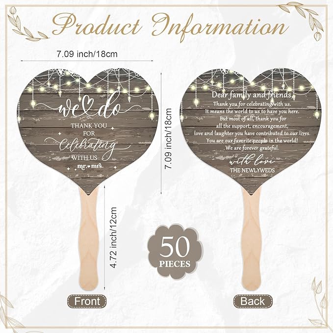 51 Pcs Wedding Fans for Guests Wedding Favor Paper Fans with Handle Bulk Table Sign for Ceremony Bridal Party Decoration(Brown,Rustic)