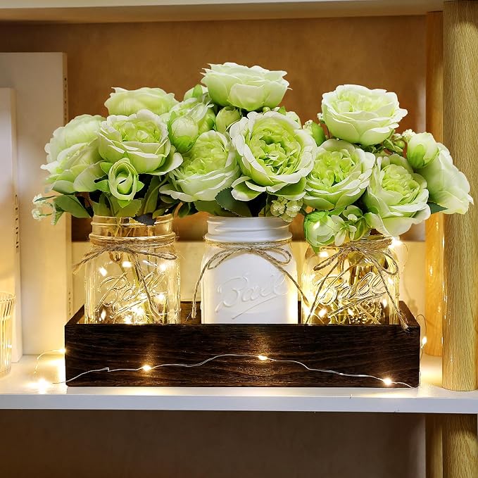 Green Mason Jar Table Centerpiece with Light for Kitchen Dining Room | 3 Piece Farmhouse Coffee Table Decor with Fake Flowers Wood Tray for Living Dining Room Bathroom Wedding Outdoor Decoration