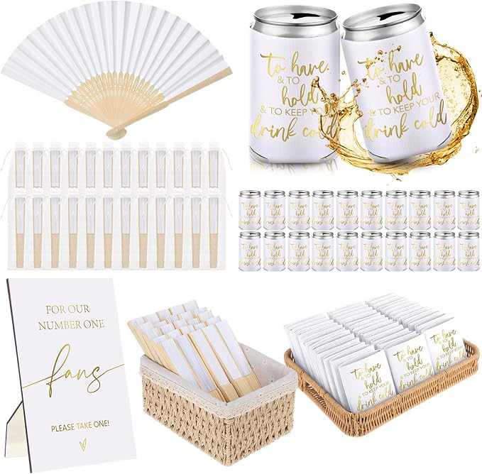 Hoteam 25 Sets White Wedding Party Favors for Guests Bulk Including Can Cooler and Paper Folding Fans with Wedding Decor Table Sign Cheers to Love for Bridal Shower Party Souvenir(Classical)