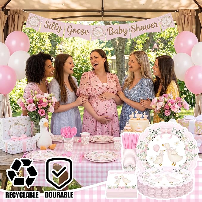 Zhehao 350 Pcs One Silly Goose Birthday Party Tableware Set Scalloped Pink Floral Baby Shower Plates Cup Napkins Forks for Birthday Party Decorations Supplies for 50 Guests