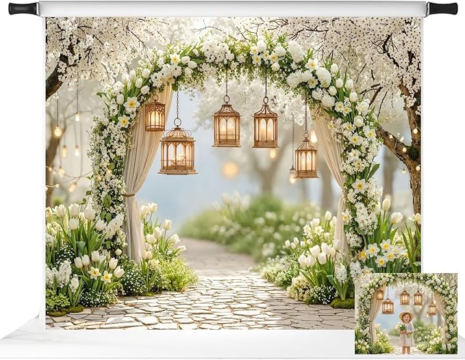 Kate Spring Flower Arch White Blossoms Lanterns Photo Backdrop, 10x8ft | Features Spring Flower Arch White Blossoms Lanterns Pathway; Photo background for spring portraits and seasonal photography.
