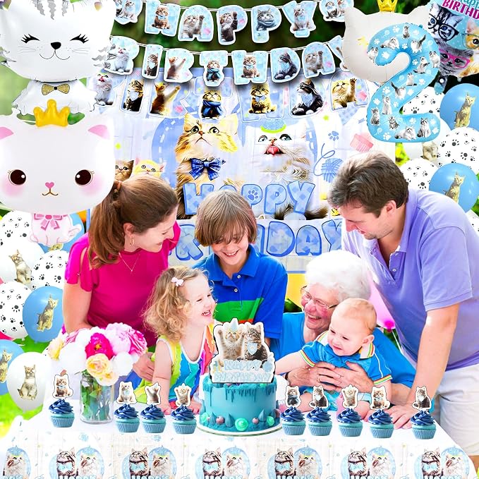 142Pcs Cat Birthday Decorations, Cat 2nd Birthday Party Supplies, Cat Birthday Party Decorations Include Plates Cups Napkins Tablecloth Balloons Cake Toppers for Kids Party