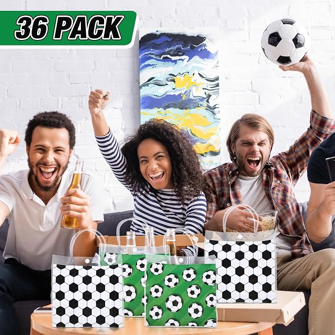 Supervitae 36 Pcs Soccer Clear Favor Bags with Handle Reusable Plastic PVC Sports Gift Bag Goodies Treats Totes for Birthday Wedding Summer Party Supplies, 8 x 8 x 3.15 Inch