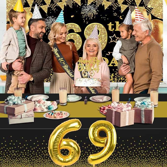 69th Birthday Decorations Men Women with 69th Birthday Banner, Black and Gold Table Cloth, Number Balloons, Large Sash, Cake Topper and Candles