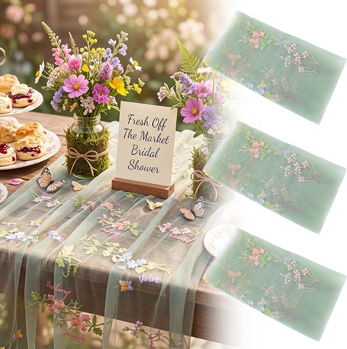 Mindsoft 3 Pack Embroidered Wildflower Tulle Table Runner 14 x 120 Inch Sage Green Floral Table Runner for Market Bridal Shower Wildflower Baby Shower Spring Summer Birthday Party Decor