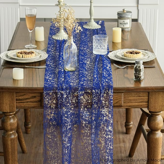 Artoid Mode 10PCS Blue Gold Gauze Table Runner 120 Inch 10FT, Glitter Metallic Foil Sheer Dining Wedding Anniversary Holiday Table Decor for Home Party