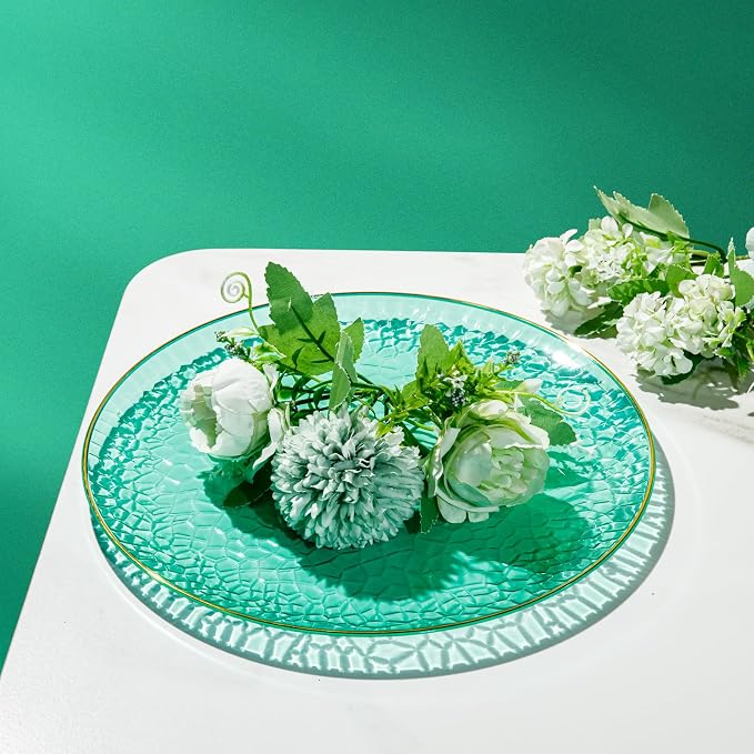 Hioasis 60pcs Green Plastic Plates - Gold Rimmed Disposable, Hammered, Heavy-duty Dinnerware Set Suitable for 30 Guests, 10.25" Dinner & 7.5" Dessert Plates for Party & Wedding