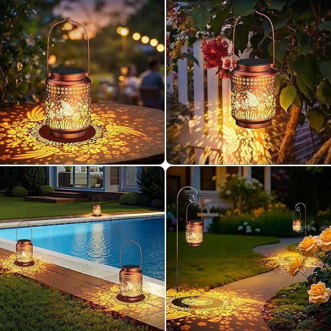 KOOPER Solar Lanterns Outdoor Waterproof Birthday Gifts for Women Mon Grandma, 2 Pack Brighter Hummingbird Hanging Solar Lantern Lights Outdoor, 2 Modes Metal Outdoor Decoration for Yard, Patio
