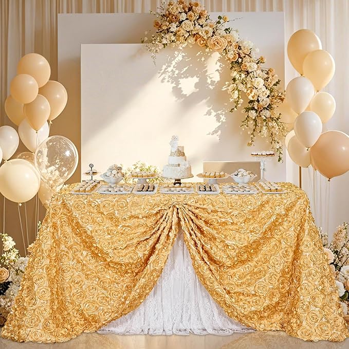 B-COOL Light Gold Rosette Tablecloth 60x102 Inch 3D Floral Rectangle Table Cloth Birthday Wedding Tablecloths for Stage Romantic Party Table Decorations
