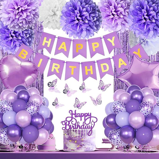 Purple Birthday Decorations, Happy Birthday Party Decorations with Happy Birthday Banner Butterfly Purple Balloons Pom Poms Foil Fringe Curtain for Party Birthday Decor