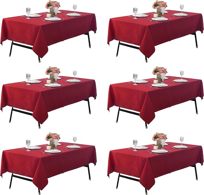 6-Pack 60x102 inch Burgundy Table Cloths, Solid Stain and Wrinkle Resistant Oblong Tablecloth, Premium Plain Weave Polyester Fabric Rectangle Table Linen Covers for Hotel, Wedding