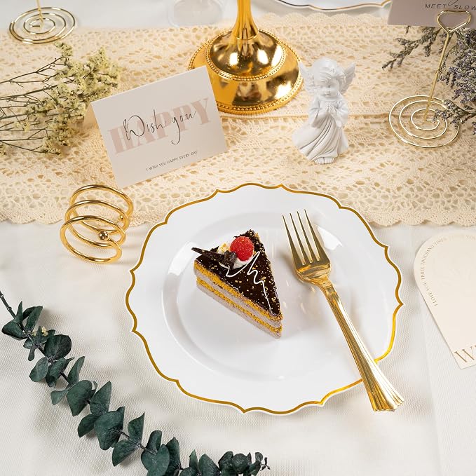 100 PCS Gold Dessert Plastic - 7.5 inch White & Gold Plastic for Party Cake Plates Elegant Heavy Duty Disposable Plates for Wedding & Party