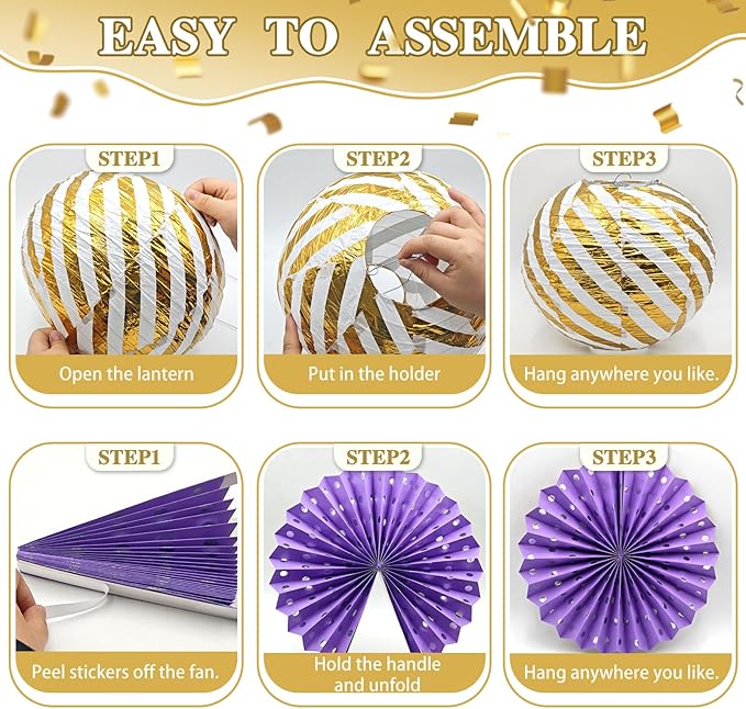 ADLKGG Purple Gold Party Decorations, 14 Pcs Hanging Paper Fans, Lanterns, Pom Poms, Elegant Backdrop for Graduation Party, Rapunzel Theme, Birthday, Baby Shower, Bridal Shower