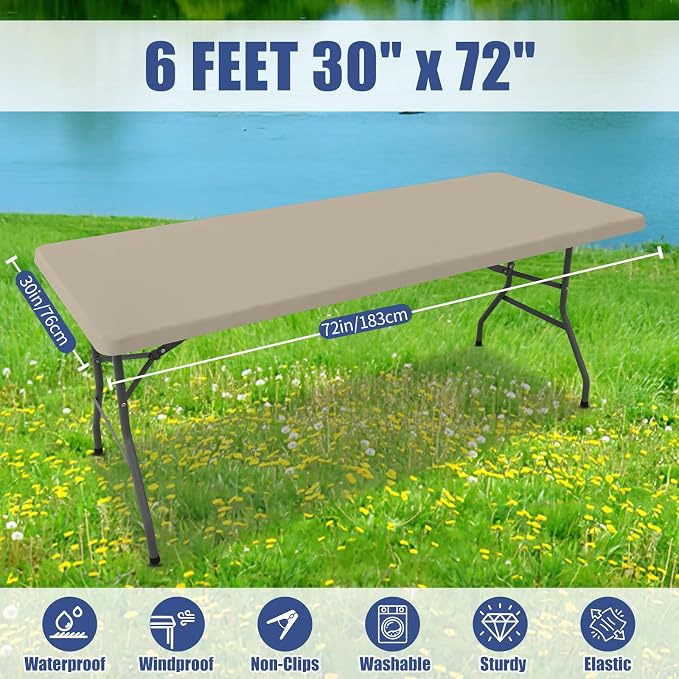 Moosfor Spandex 6 Foot Rectangle Table Cloth 6 Pack, Elastic Fitted Tablecloths for Picnic, Stretch Washable Patio Table Cover for Outdoor, Camping, Banquet and Parties (Taupe, 30"x72")