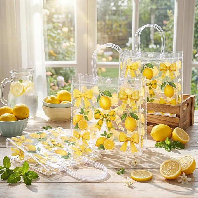 Teenyyou 24 Pcs Lemon Clear Gift Bags with Handles Yellow Bow Lemon Print Transparent Tote Bags Reusable PVC Candy Treat Gift Container for Bridal Shower, Baby Shower, Wedding, Birthday Party Favors