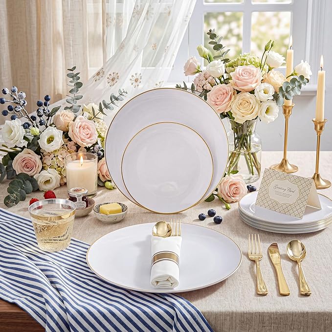 KIRE 175PCS Gold Plates Disposable - Heavy Duty White and Gold Plastic Plates Dinnerware Sets - 25 for Dinner 25 for Dessert 25 Pre Rolled Napkins and 25 Cups for Birthday/Ramadan/Wedding/Mother's Day