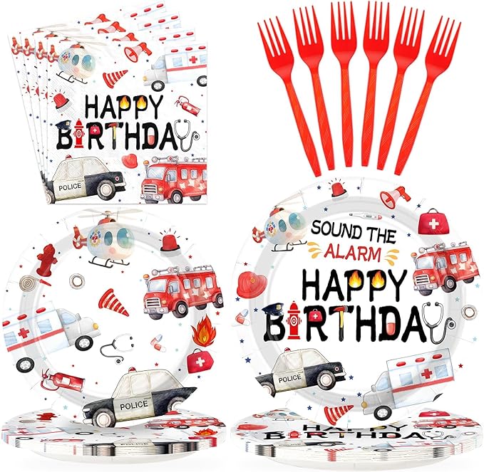 Grencian 96pcs Emergency Vehicle Birthday Party Decorations First Responder Fire Truck Plates and Napkins Ambulance Police Car Tableware for Boys Girls Emergency Vehicle Birthday Party Decorations