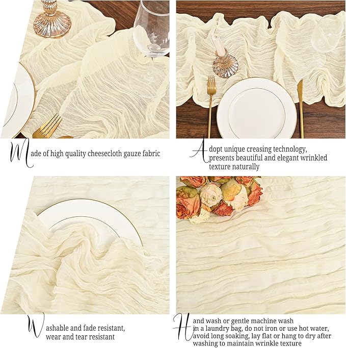 24 Pack Ivory Table Runner 10Ft Cheesecloth Table Runner Rustic Gauze Table Runners Romantic Long Cream Sheer Fabric Cheese Cloth Table Runners for Wedding Party Bridal Baby Shower
