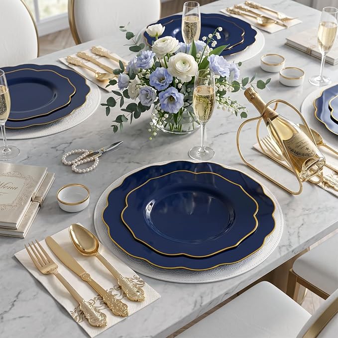 NOCCUR 175PCS Blue Plastic Plates with Disposable Silverware - Include 50 Blue Disposable Plates with Gold Rim,75 Gold Cutlery,25 Cups,25Napkins for Party/Wedding/Graduation/Independence Day