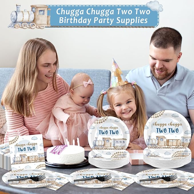 96Pcs Chugga Chugga Two Two Birthday Party Supplies Watercolor Train 2nd Year Old Paper Plates and Napkins Choo Choo I'm 2 Tableware Disposable Dessert Dinnerware Set for Birthday Decor for 24 Guests