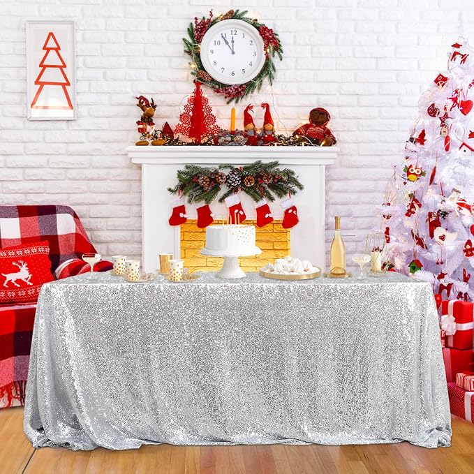 MoKoHouse Sequin Tablecloth Rectangular 90x132 Inch Silver Table Cloth Seamless Glitter Fabric for Home Party Wedding Decor Christmas Decorations