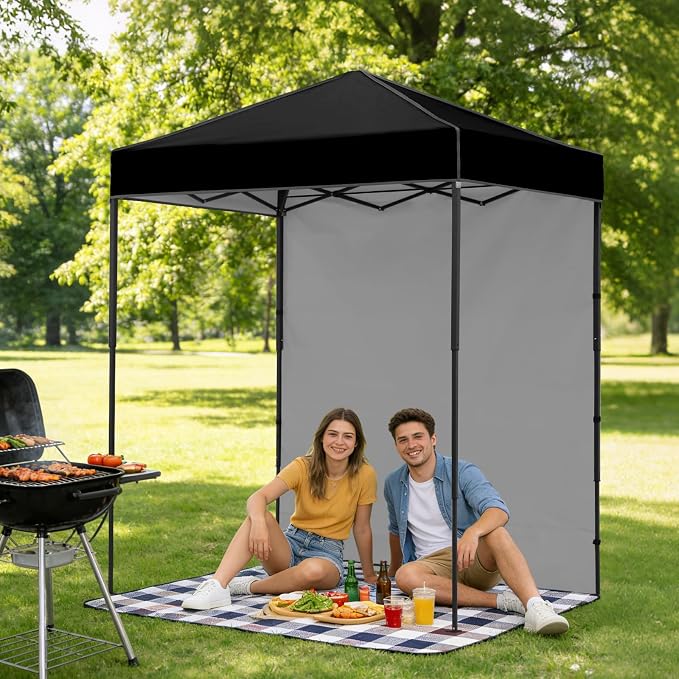 6x4 Pop Up Canopy Tent with One Wall Panel, Instant Portable Beach Canopy, Outdoor Tent with Carry Bag for Camping, Sports, Tailgating, Events, Black