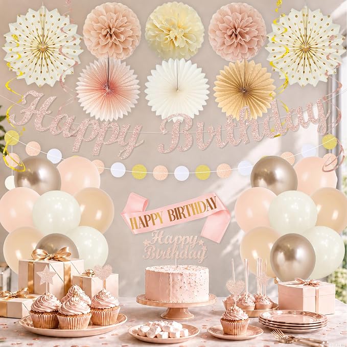 Vlipoeasn Beige Pink Birthday Party Decorations Champagne Women Girls | Rose Gold Peach Happy Birthday Banner Cake Topper Paper Fans Pompoms Latex Balloons Haning Swirls Kit for Women Girls Indoor