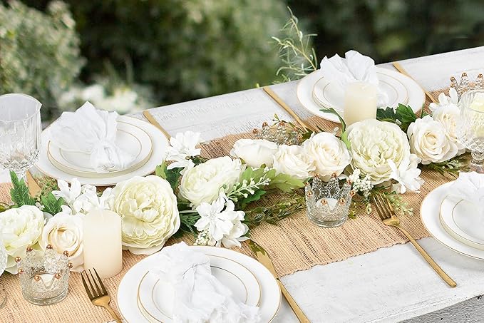DearHouse Artificial Peony Flower Garland - 6ft/Strand Silk Peony Garland with Pink Flowers for Wedding Party Table Decoration,White