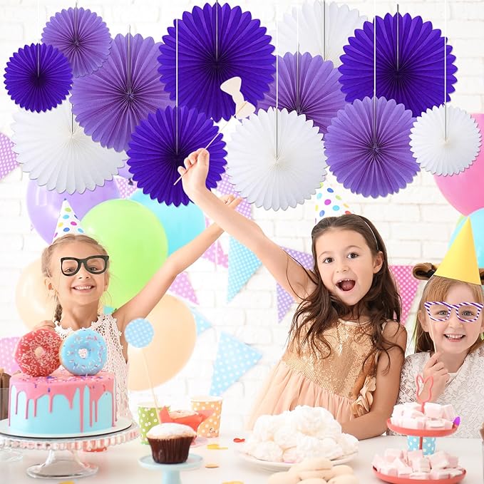 MotiMind 24 Pcs Purple and White Paper Fans Purple Party Decorations Classroom Decor Wall Background Ceiling Hanging Decoration for Birthday Wedding Baby Bridal Shower Engagement Party Decor