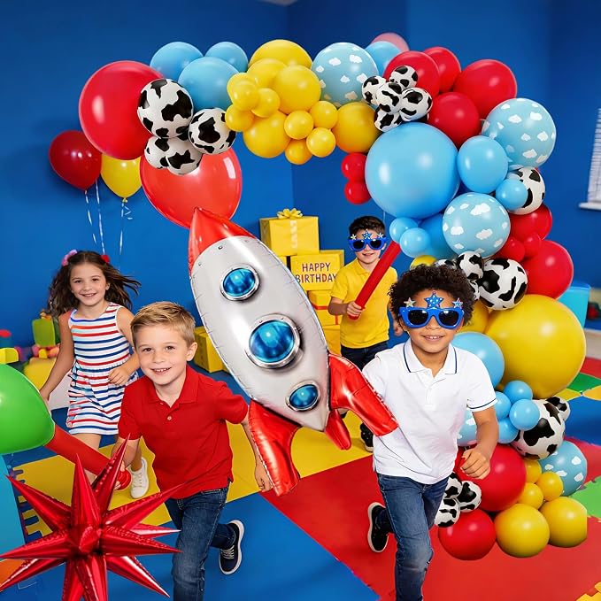 Cowboy and Space Birthday Decorations for Boys, Cartoon Theme Party Supplies with Cloud Backdrop, Cow Print Tablecloth, Rocket Foil Balloon, Cake Toppers, Red Yellow Blue Balloon Arch Kit