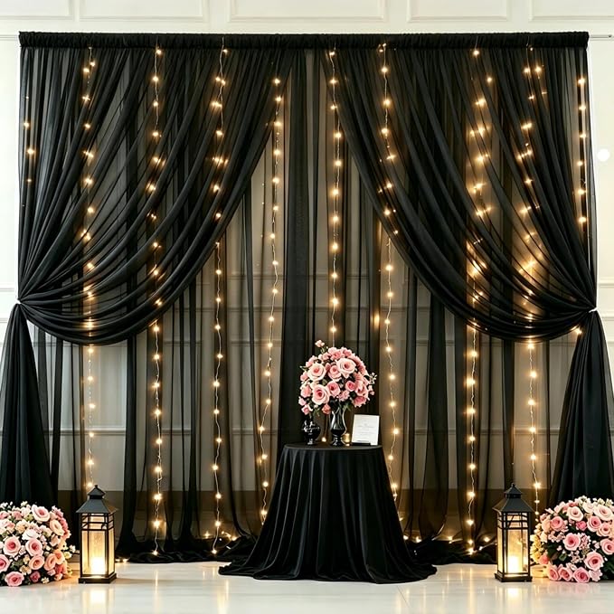20 x 10ft Black Chiffon Backdrop Curtain with Lights String for Parties,4 Panels Sheer Tulle Curtain Wedding Backdrop for Baby Shower Birthday Party Ceremony Reception Home Decorations