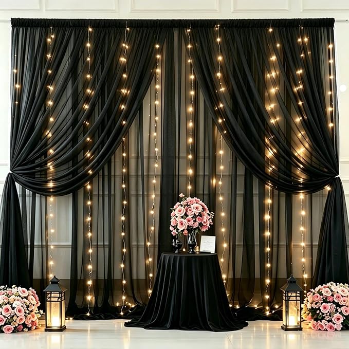 10ft x 10ft Black Chiffon Backdrop Curtain with Lights String for Parties,2 Panels Sheer Tulle Curtain Wedding Backdrop for Baby Shower Birthday Party Ceremony Reception Home Decorations