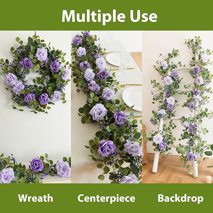 Anna's Whimsy 5.91FT Artificial Eucalyptus Garland with Flowers, Fake Rose Gypsophila Garland, Faux Floral Greenery for Wedding Spring Home Party Craft Art Table Runner Decor