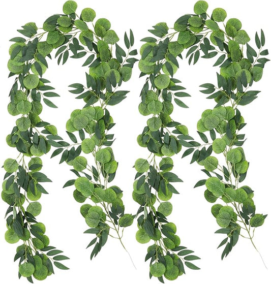 RECUTMS Artificial Eucalyptus Vine Garland with Willow Leaves 2Pcs 6Ft Fake Hanging Silk Greenery Faux Ivy Plant for Indoor Outdoor Home Wedding Arch Party Table Porch Summer Decor(Dark Green)