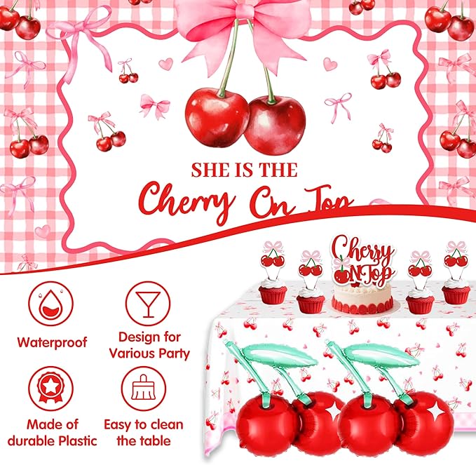 Cherry on Top Baby Shower Decorations for Girl - Red Pink Party Supplies Include Balloon Garland Arch, Backdrop, Tablecloth, 4 Boxes, Foil Balloons - She is the Cherry On Top Decor Gingham Check