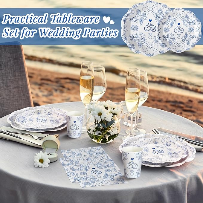Newtay 250 Pcs Something Blue Disposable Plates and Napkins Bridal Shower Party Tableware Setting for 50 Guests Bachelorette Wedding Party Napkins and Cups Engagement Supplies