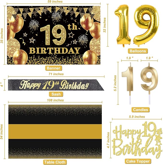 19th Birthday Decorations for Him Her with 19th Birthday Banner, Black and Gold Table Cloth, Number Balloons, Large Sash, Cake Topper and Candles