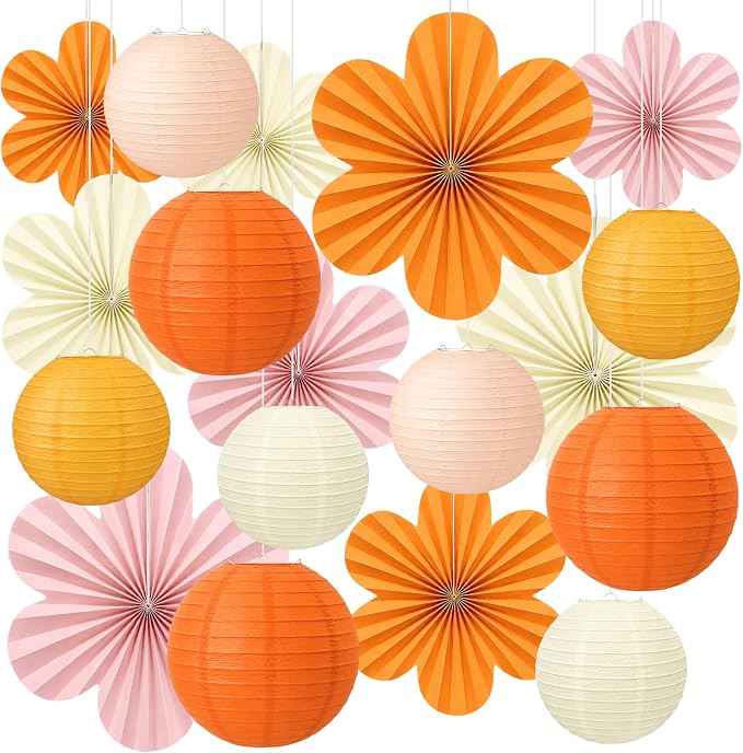 Pink and Orange Party Decorations, 18Pcs Paper Lanterns & Flower Fans Set | 8"-14" layered hanging decor for one sweet birthdays, sunset parties, citrus spritz themes, bridal showers and baby showers