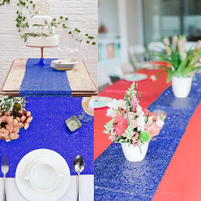 12 Packs 12 X 108 Inch Sequin Table Runner Glitter Dining Table Runner for Birthday Wedding Engagement Bridal Baby Shower Bachelorette Holiday Celebration Party Supplies Decorations (Royal Blue)