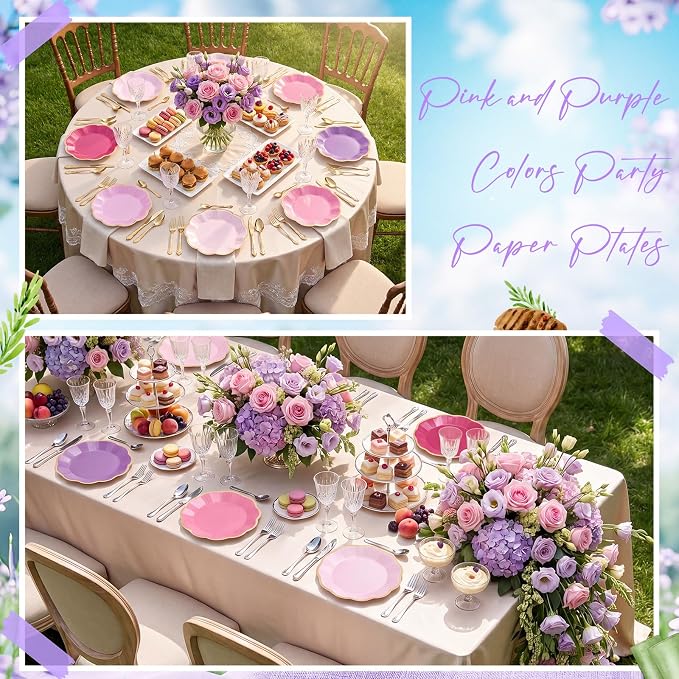 72 Pcs Pink and Purple Color Paper Plates 9 Inch Pink and Purple Gradient Scalloped Paper Disposable Dinner Dessert Plates for Birthday Wedding Bridal Party Supplies, 6 Colors