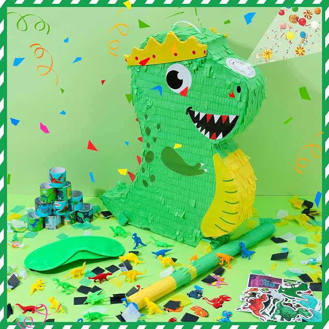 Dinosaur Birthday Party Favors Piñata Set Dino Decoration with Blindfold and Baton, 16 * 12 * 3 Inches, Dragon Pinata Green