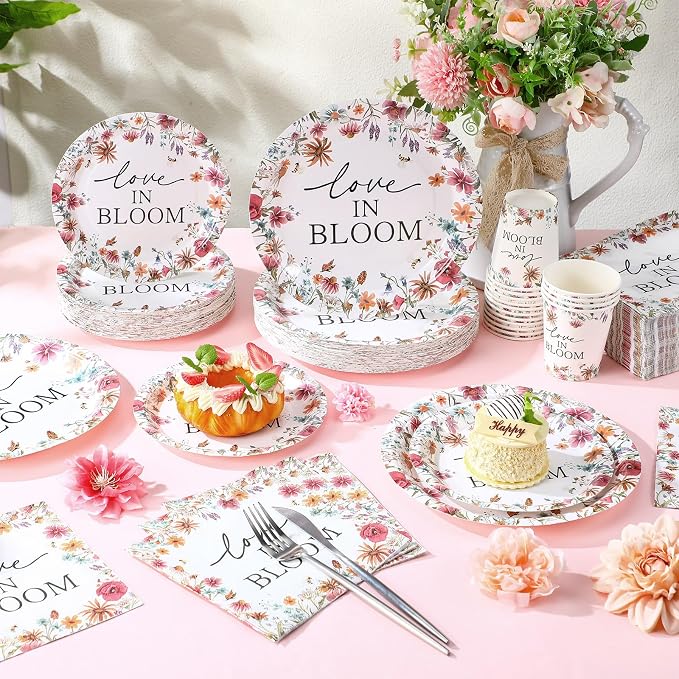 Zhehao 250 Pcs Love in Bloom Bridal Shower Plates Napkins Sets 50 Pcs 9'' Floral Dinner Plates 50 7'' Dessert Plate and 9oz Cups 100 Napkins Wedding Engagement Party Supplies Bridal Shower Decoration