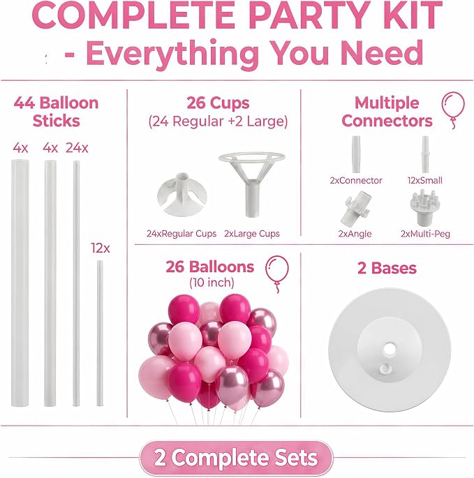 Pink Balloon Column Kit Floor Set of 2-Balloon Tower Stand Sticks with Water Base&Pole,Balloon Pillar Backdrop For Baby Shower Graduation Retirement Engagement Tea Casino Party Decor